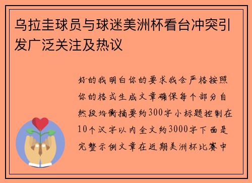 乌拉圭球员与球迷美洲杯看台冲突引发广泛关注及热议