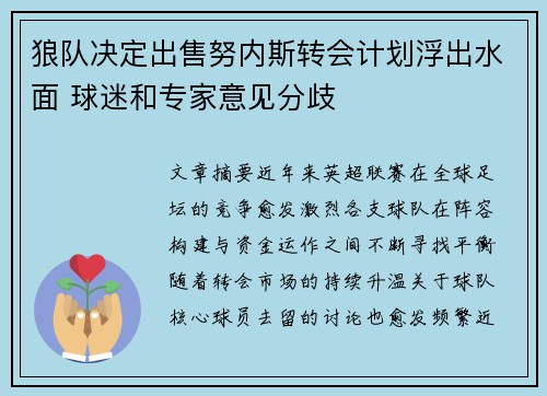 狼队决定出售努内斯转会计划浮出水面 球迷和专家意见分歧